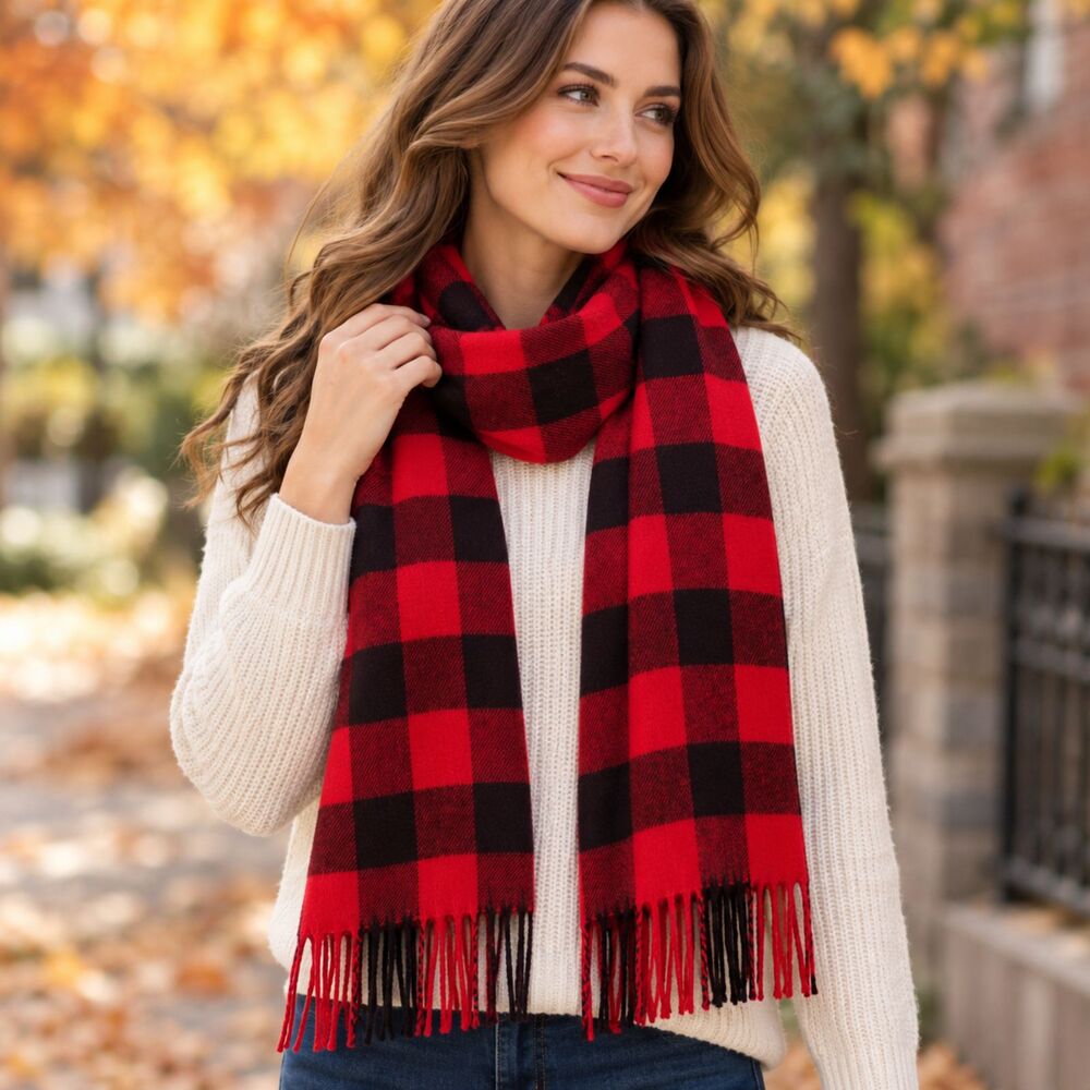 Red Black Buffalo Plaid Cashmere Blend Scarf 66" Fringe Italy Design Winter